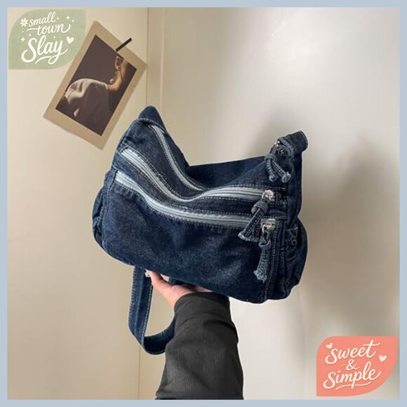Denim Hobo Shoulder Bag with Adjustable Strap, Zipper Closure, Multiple Pockets - Picture 5 of 7